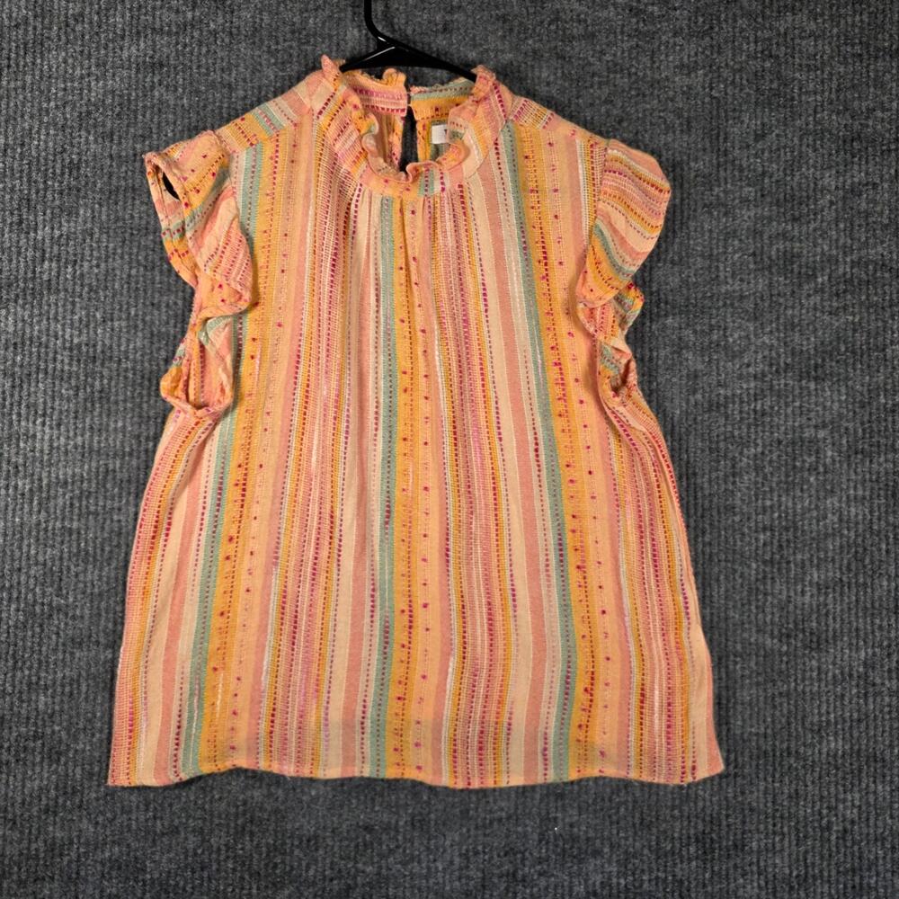 THML‎ Striped Ruffle Sleeve Blouse Peach Boho Textured Size M